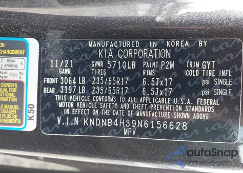 2022 Kia Carnival Mpv Lx Seat Package из США, поврежденный, VIN KNDNB4H39N6156628